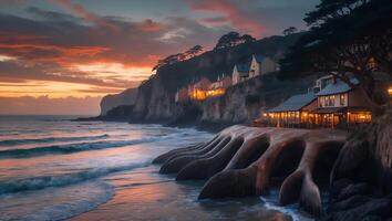 Coastal Houses on Cliffside at Sunset with Sea Waves Breaking photo