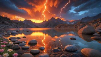 Lake Reflecting Lightning Over Mountains Landscape with Rocks and Flowers photo