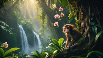 Monkey Resting in Jungle Tree Near Waterfall with Orchids Bloom photo