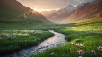 Flowing River Through Green Valley Surrounded by Mountains at Sunrise photo