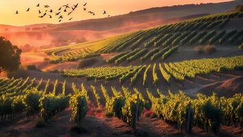 Vineyard Landscape at Sunset with Flying Birds and Golden Light photo