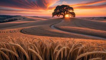 Tree Standing in Wheat Field at Sunset with Winding Path photo