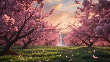 Blossoming Cherry Trees with Waterfall in a Serene Spring Landscape photo