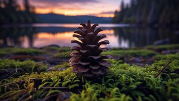Pine Cone Resting on Moss Near Lake at Dusk with Reflection photo