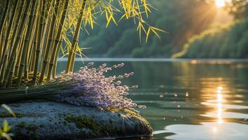 Lavender Bouquet on Rock Beside Lake with Bamboo and Sunlight photo