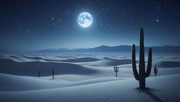 Desert Cactus Landscape Under Full Moon at Night with Stars photo