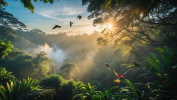 Parrots Flying Through Rainforest Canopy with Sunlight and Fog photo