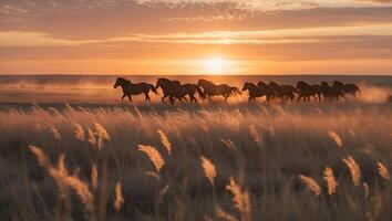 Horses Running Through Field at Sunset Creating Dust Trail photo
