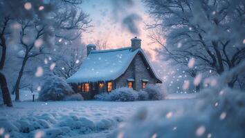 Cozy Cottage Covered in Snowfall During Winter Season photo