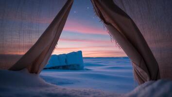 Viewing Frozen Landscape at Sunset Through a Fabric Tent Opening photo