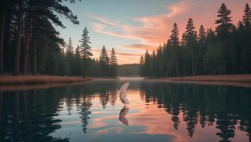 Bird Landing on Lake Reflecting Forest and Colorful Sky at Sunset photo