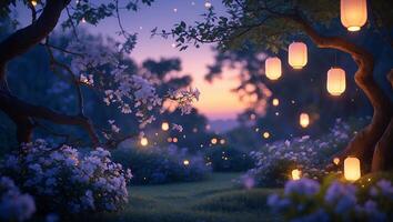 Illuminated Garden at Twilight with Paper Lanterns and Blooming Flowers photo