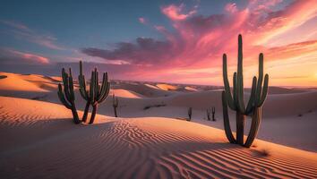 Cactus in Desert Landscape with Pink Sky at Sunset Scenery photo