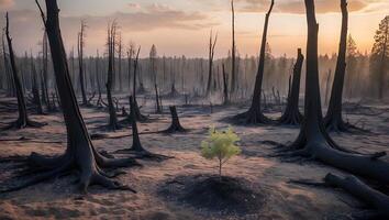 Small Tree Growing in Burnt Forest Landscape at Dusk Aftermath photo