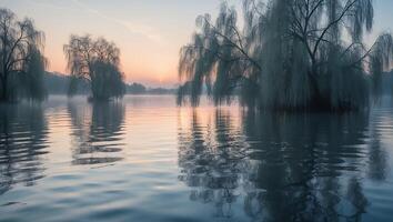 Willow Trees Reflected in Calm Lake Water at Early Sunrise photo