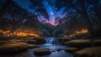 Waterfall Flows Under Starry Sky with String Lights in Forest photo
