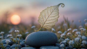 Single Leaf Resting on Stone in a Serene Floral Setting photo