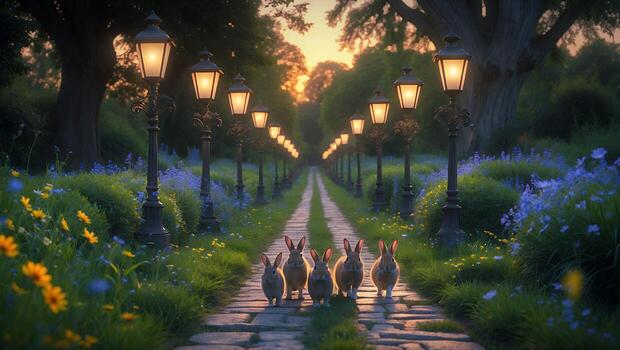 Rabbits Walking Down a Magical Path with Flowers and Lanterns photo