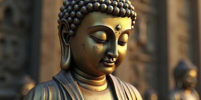 A buddha statue is shown in front of a wall photo