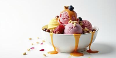 Ice cream with berries and nuts in a bowl photo