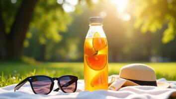 A bottle of orange juice, sunglasses and hat on a blanket in the grass photo