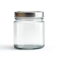 Empty glass jar with lid on white background photo