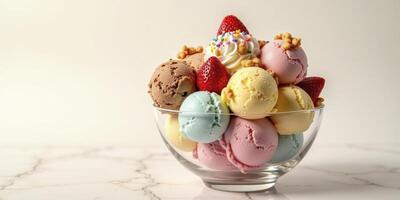 A glass bowl filled with various ice cream flavors photo