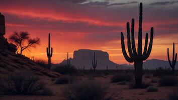 Cactus Silhouettes in Desert Landscape at Sunset with Vibrant Sky photo