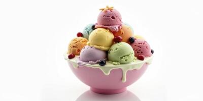 A pink bowl filled with ice cream photo