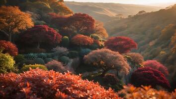 Exploring Colorful Trees in Hilly Landscape at Sunset with Soft Light photo
