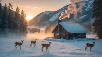 Deer Standing in Snowy Field Near Cozy Cabin at Sunset photo