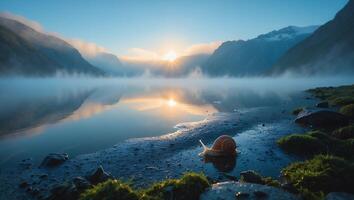 Snail Crawling Near Misty Lake with Mountain Reflection at Sunrise photo