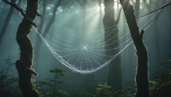 Spiderweb Covered in Dew Hanging Between Trees in Foggy Forest photo