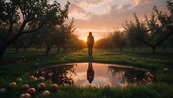 Walking Through Orchard at Sunset Reflected in a Small Pond photo