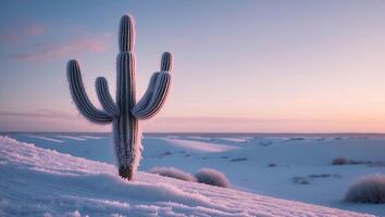 Cactus Stands Tall in Snowy Desert Landscape During Sunset Time photo