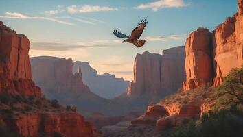 Eagle Soaring Over Red Rock Canyons in Early Morning Light photo