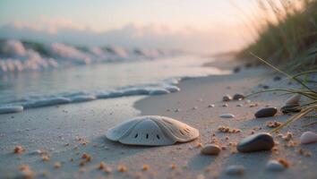 Sand Dollar on Sandy Beach with Gentle Waves at Sunset photo