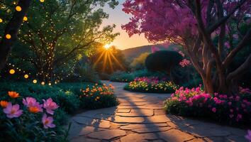 Walking Path Through Enchanted Garden with Flowers and Shining Sunset photo