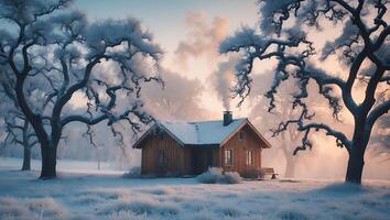 Cozy Cabin in Snowy Field with Trees and Smoke photo
