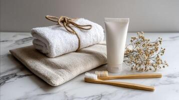 A white towel, toothbrush and toothpaste on a marble counter photo