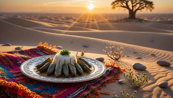Stuffed Grape Leaves with Rice on Plate in Desert Setting photo
