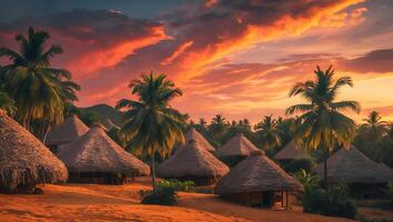 Tropical Village Huts with Palm Trees at Sunset Warm Light photo
