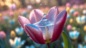 Close-up of a Tulip Flower Filled with Water and Droplets photo