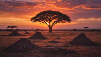 Tree Silhouette at Sunset in Open Landscape with Ant Hills photo