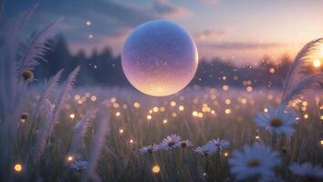 Glowing Orb Floating Above a Daisy Meadow at Dusk with Soft Lighting photo