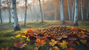 Gathered Acorns on Autumn Leaves in a Forest Clearing photo