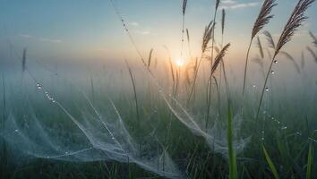 Spiderweb with Dewdrops in Grassy Field at Sunrise Creating Serene Scene photo