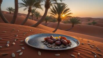 Dates and Seeds on Plate in Desert with Palm Trees Sunset photo