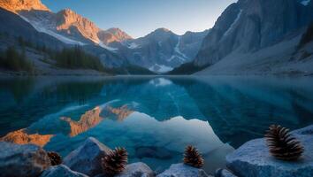 Calm Lake Reflecting Mountain Peaks and Sky at Sunrise with Cones photo