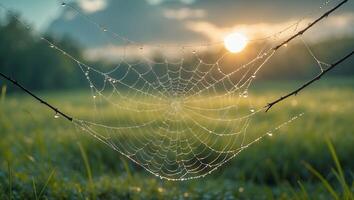 Dew Covered Spiderweb in Grassy Field at Sunrise with Warm Light photo